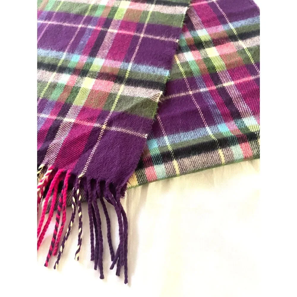 100% Cashmere Purple Plaid Scarf Made in Scotland Soft 35x12.5